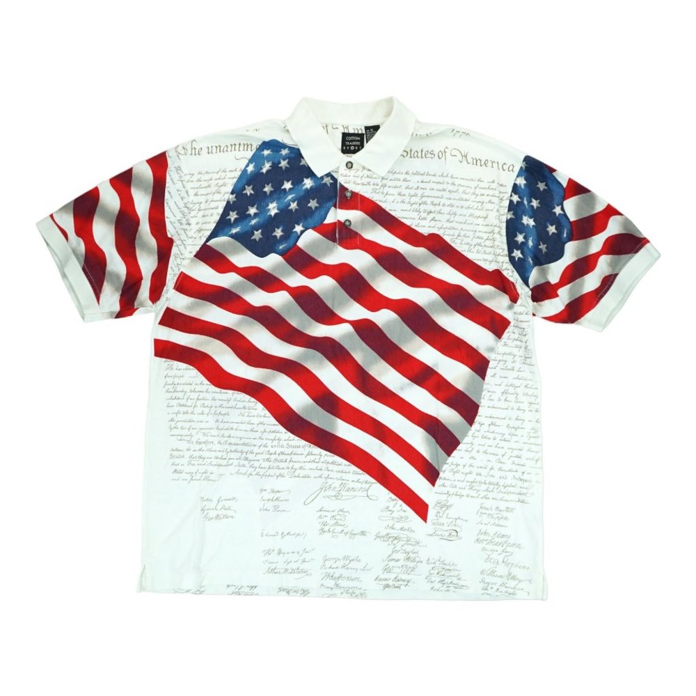 Cotton Traders Sport US Constitution Spell Out Distressed Flag Polo Shirt‎ Sz XL